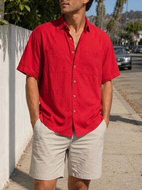 Drawstrings of Malibu Red Button-Up Shirt Men’s XXXL 100% Cotton Made in USA